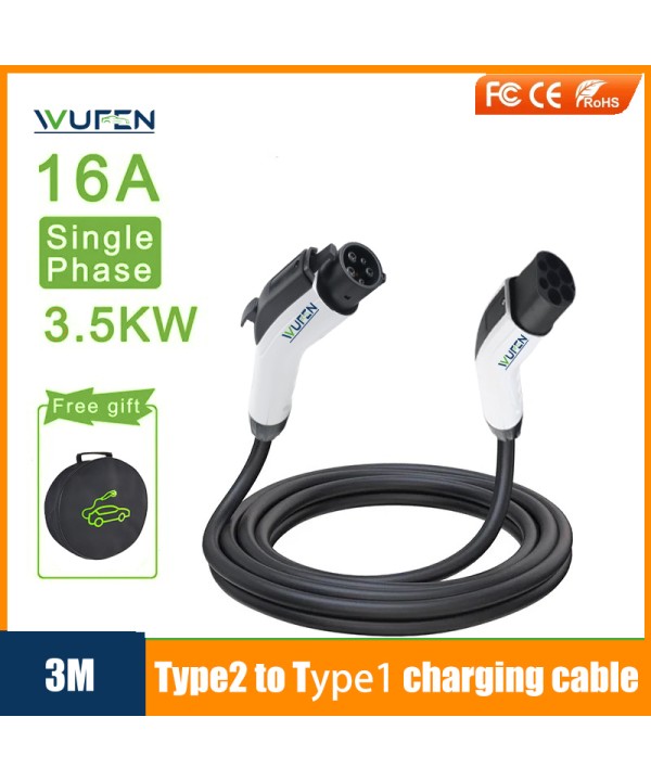 WUFEN EV Charging Cable Type2 To Type1 Charging Station Female To Male Electric Vehicle Cord 32A 7.2KW 1P Car Charging Cable 5M